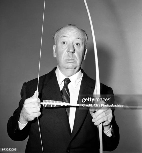 Alfred Hitchcock, director and host of the CBS television series, Alfred Hitchcock Presents. April 4, 1957. Los Angeles, CA.