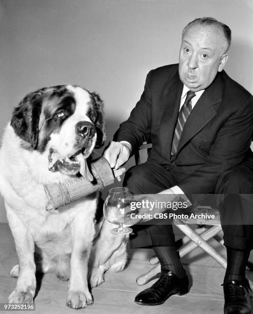 Alfred Hitchcock, director and host of the CBS television series, Alfred Hitchcock Presents. April 4, 1957. Los Angeles, CA.