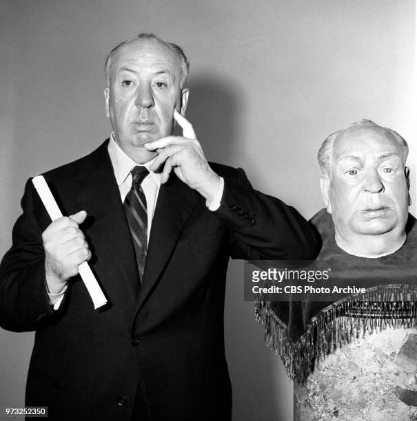 Alfred Hitchcock, director and host of the CBS television series, Alfred Hitchcock Presents. April 4, 1957. Los Angeles, CA.