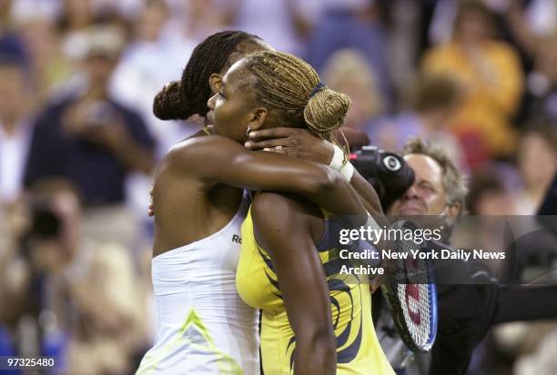 Venus Williams hugs her little sister, Serena, after defeating her, 6-2, 6-4, in final match to win the U.S. Open womens' championship at Arthur Ashe...