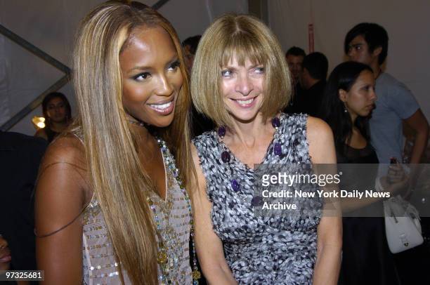 Supermodel Naomi Campbell and Vogue editor in chief Anna Wintour get together backstage during the Fashion for Relief runway show at the tents in...