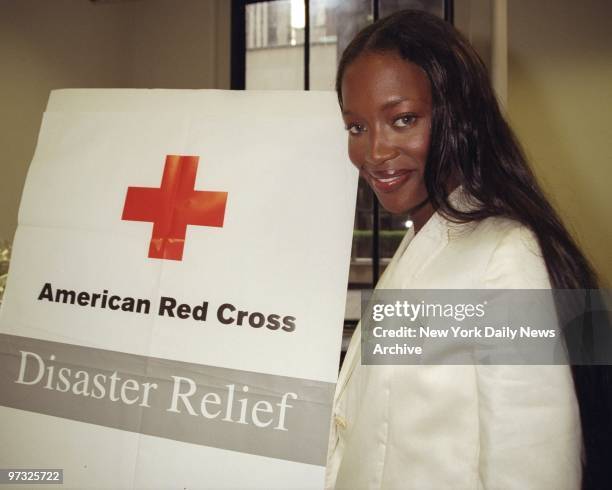 Supermodel Naomi Campbell at the Fashion Cafe where she kicked off a fund raising drive for the Red Cross to aid the victims of the Hurricane Mitch.