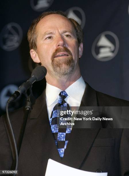 Michael Greene, president of the Recording Academy, speaks at the 40th annual Grammy Awards nominations at Radio City Music Hall.