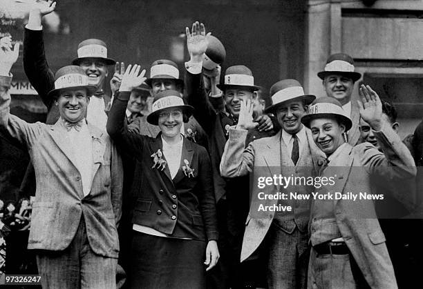 Supporters of Democratic candidate for President of the United States, Al Smith, wave to camera.