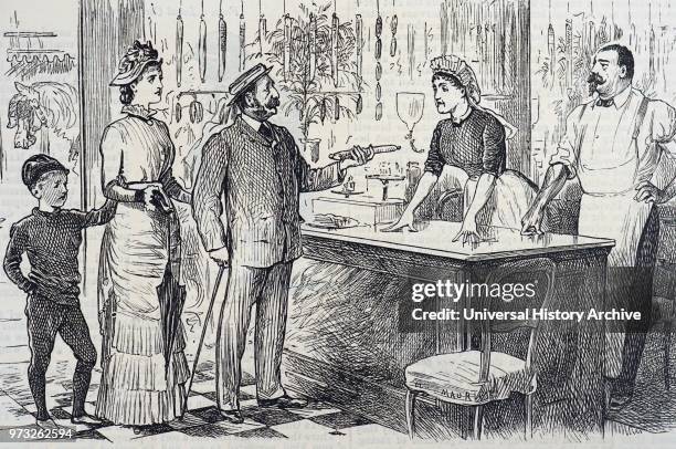 Cartoon commenting on the average Englishman's shaky understanding of the metric system. Illustrated by George du Maurier a Franco-British cartoonist...