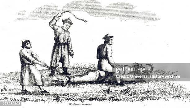 Engraving depicting punishment by bastinado - whipping across the thighs. Dated 19th century.