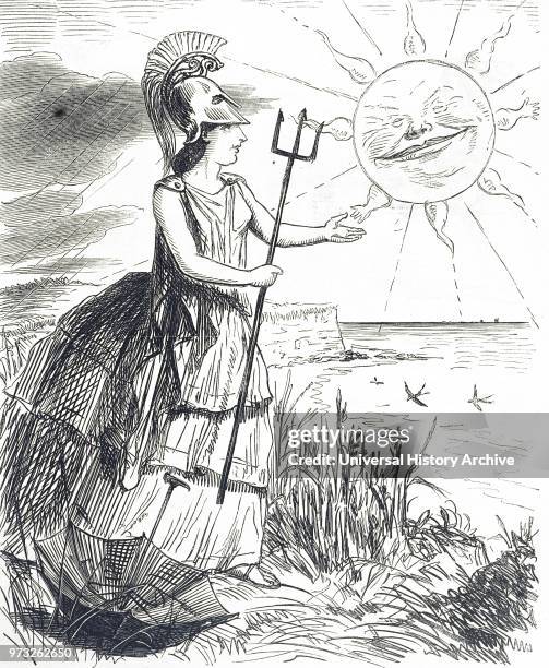 Cartoon depicting Britannia during a bad summer in Britain. Dated 19th century.