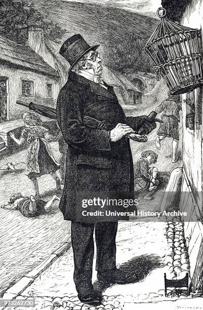 Cartoon depicting a top-hatted man outraged by a pet starling disturbing the Sabbath by making the children laugh and shout at it's language....