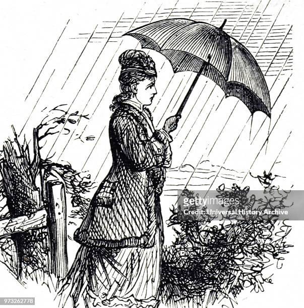 Engraving depicting a young women huddling under an umbrella during a rain storm. The raindrops are seen as lines rather than sports due to...