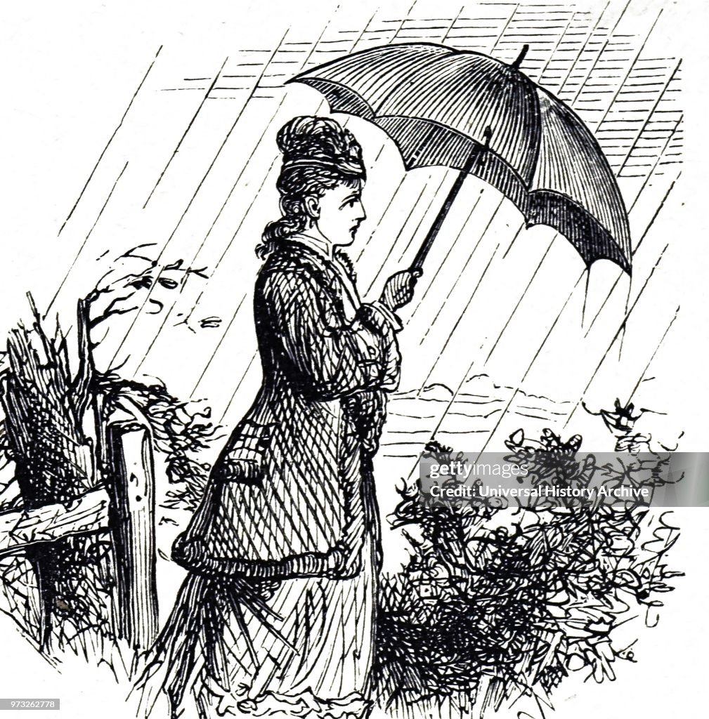 Engraving depicting a young women huddling under an umbrella during a rain storm