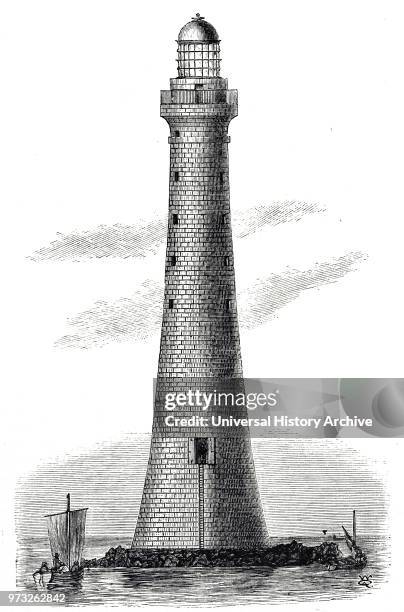 Engraving depicting Skerryvore Lighthouse. Skerryvore is a remote reef that lies off the west coast of Scotland. Dated 19th century.