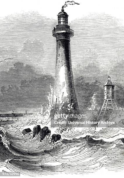 Engraving depicting Skerryvore Lighthouse. Skerryvore is a remote reef that lies off the west coast of Scotland. Dated 19th century.