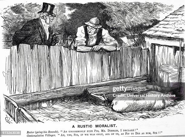 Cartoon titled 'A Rustic Moralist' depicting a Rector, Villager and an uncommonly fine pig. Illustrated by Charles Keene an English artist and...