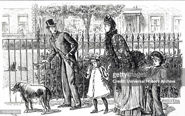 Cartoon depicting a family walking the streets of Victorian London. The young daughter seems to be throwing a tantrum, whilst the father frantically...