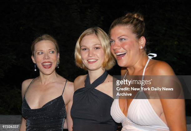 Kathryn Meisle, Julia Stiles and Kristen Johnston get together at an opening-night party in Belvedere Castle in Central Park for the Delacorte...