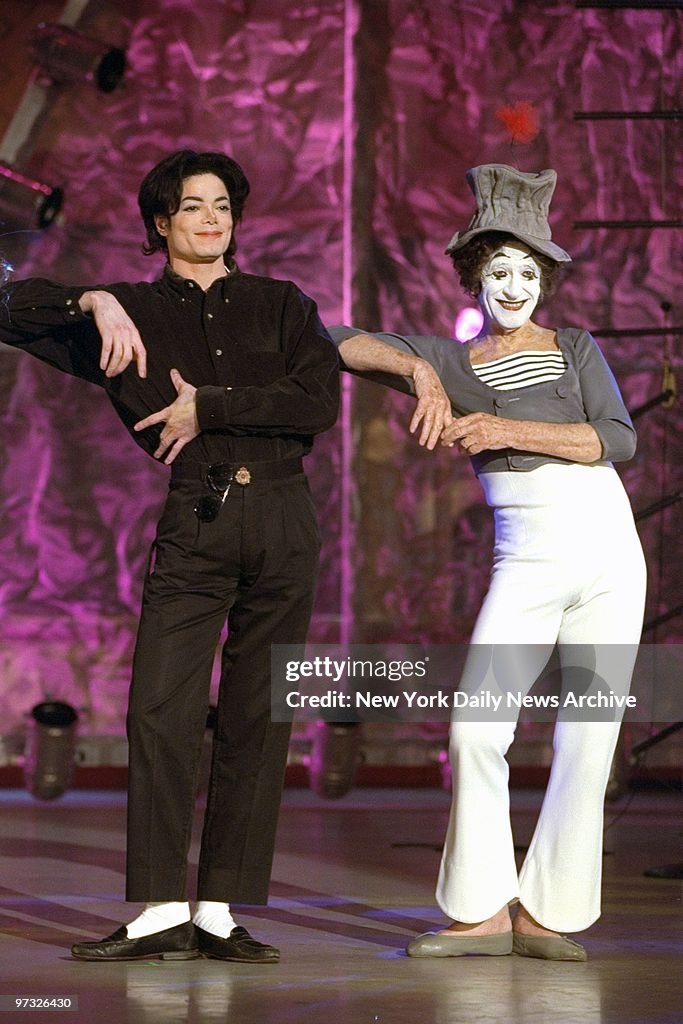 Michael Jackson (left) and Marcel Marceau prepare to tape a 