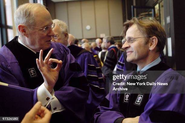 Supreme Court Justice Anthony Kennedy and Mikhail Baryshnikov chat before receiving honorary degrees at New York University's 174th Commencement...