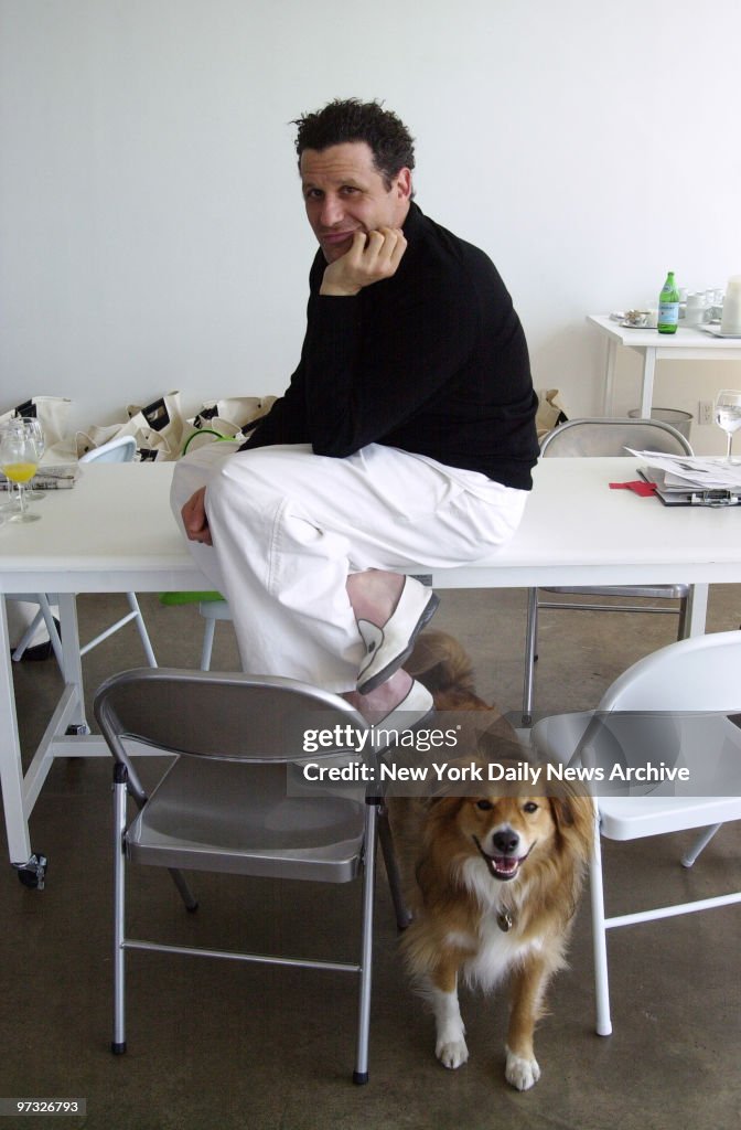 Designer Isaac Mizrahi and his dog, Henry, at Hudson Studios