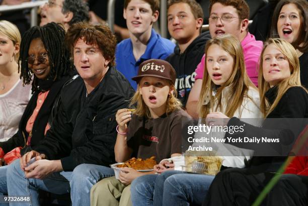 Whoopi Goldberg shares a courtside view with Sean Penn and family son, Hopper Jack; daughter, Dylan Frances and wife, Robin Wright Penn; as the New...