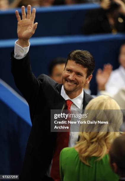 Vice Presidential Nominee Sarah Palin's husband Todd stands as she speaks on day three of the Republican National Convention., 2008 Republican...