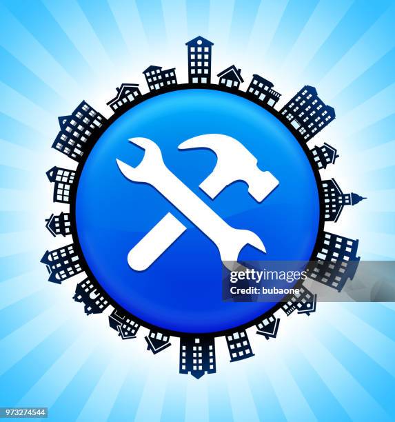 tools & hardware on rural cityscape skyline background - roofing services stock illustrations