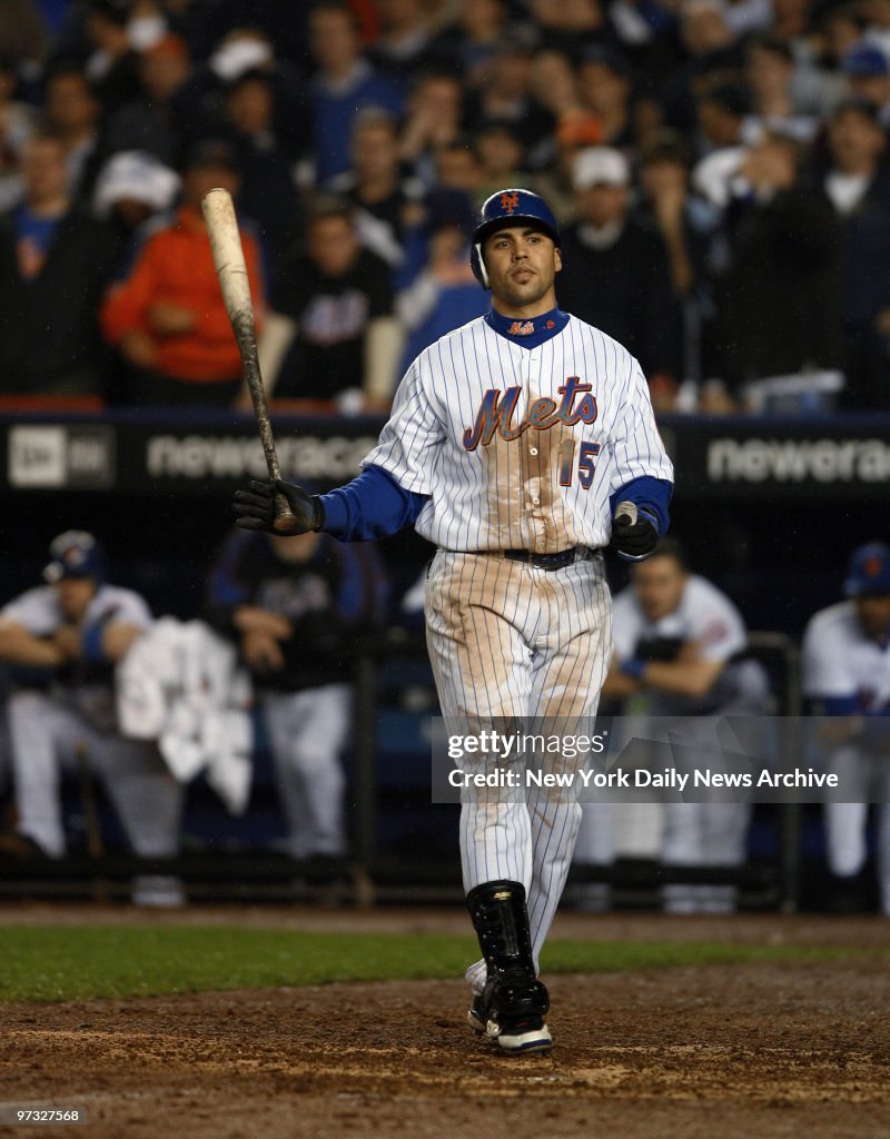 New York Mets' center fielder Carlos Beltran strikes out loo