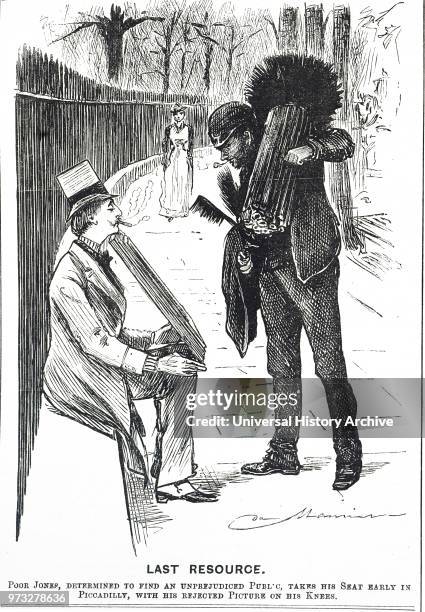 Cartoon depicting a chimney sweep and his brushes. Illustrated by George du Maurier a Franco-British cartoonist and author. Dated 19th century.