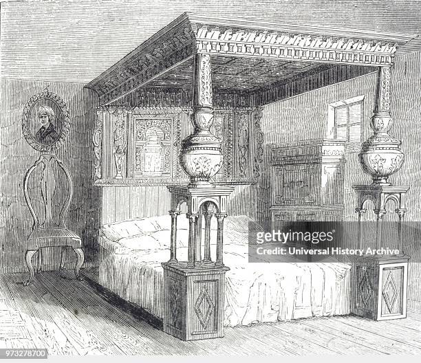 Engraving depicting the Great Bed of Ware, an extremely large oak four poster bed, carved with marquetry, that was originally housed in the White...