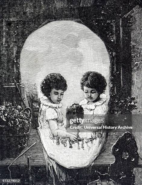 Example of an optical illusion - two happy children, framed by an arch play at a table with their pet dog. Viewed from a few feet away, or with half...