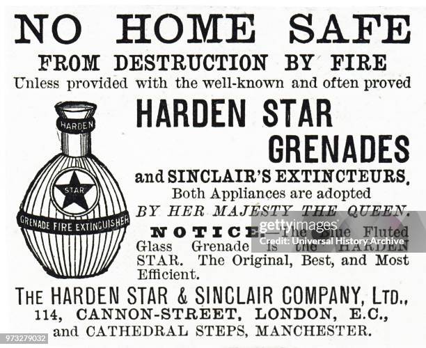 Advertisement for the harden grenade fire extinguisher, which produced ammonia and carbon dioxide, starving the fire of oxygen. Dated 19th century.