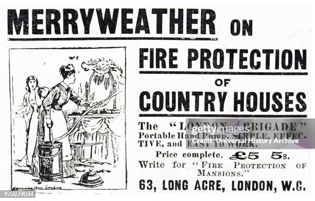 Advertisement for a simple portable hand pump for fighting domestic fires with water. Dated 20th century.