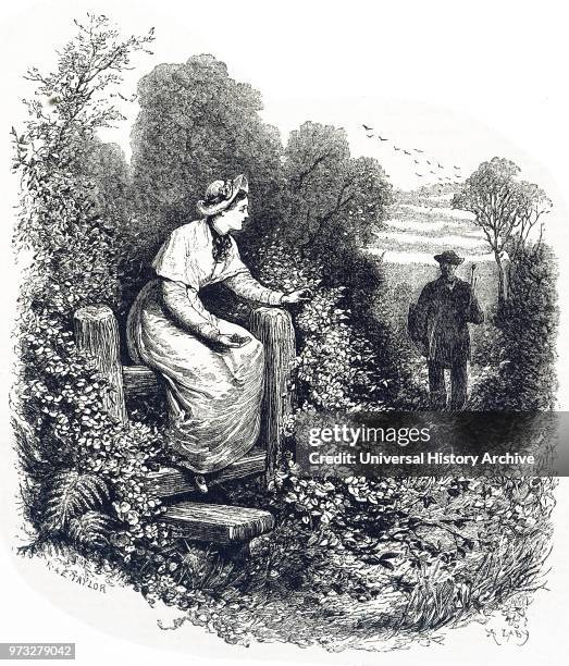 Engraving depicting a girl sitting on a stile waiting for her lover who is walking down a country lane. Dated 19th century.