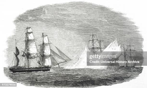 Engraving depicting a scene from Franklin's lost expedition, a British voyage of Arctic exploration led by Captain Sir John Franklin that departed...