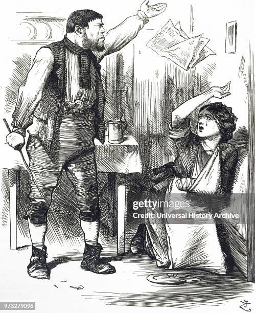 Illustration depicting an abusive husband beating his wife. Illustrated by John Tenniel an English illustrator, graphic humourist, and political...