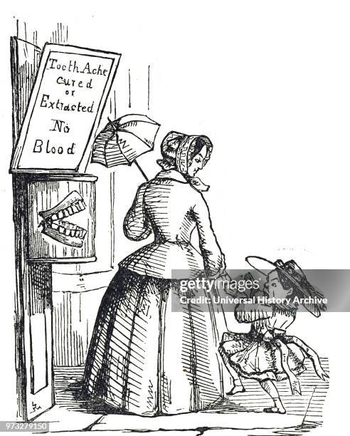 Cartoon depicting a child terrified by a dentist's advertisement. Dated 19th century.