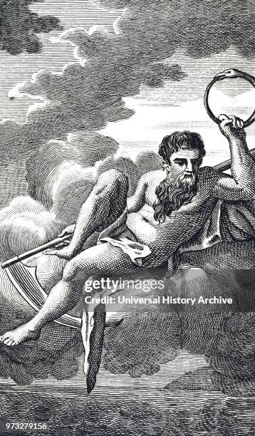 Engraving depicting the Roman God Saturn , who devoured all his children save Neptune, Pluto and Jupiter who deposed him. He holds a scythe...