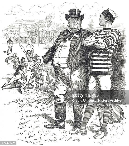Cartoon titled 'Barbarians at Play'. John Bull comments that football should be a gentleman's game. Dated 19th century.