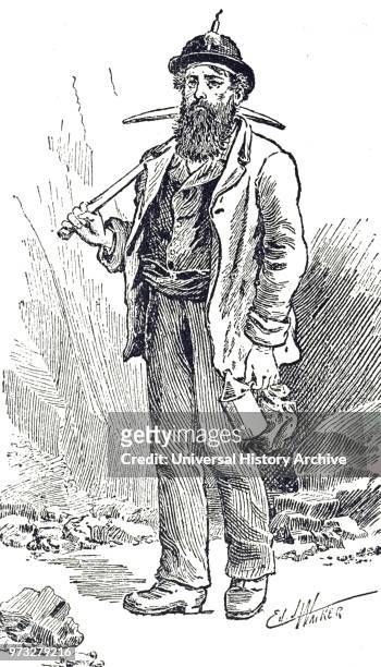 Engraving depicting a lead miner from Durham going to work. He is carrying his miner's pick and his 'snap' or lunch, and on his helmet is the candle...