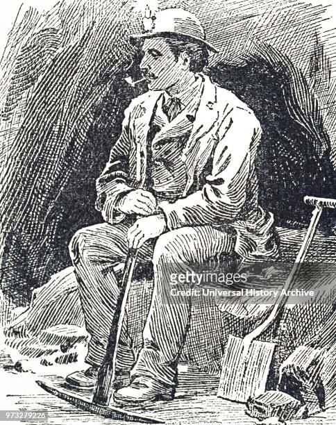 Engraving depicting a lead miner from Durham going to work. He is carrying his miner's pick and his shovel, and on his helmet is the candle for...