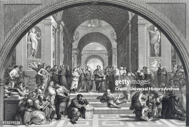 Engraving depicting the 'The School of Athens' after the fresco by Raphael. Raphael an Italian painter and architect of the High Renaissance. Dated...