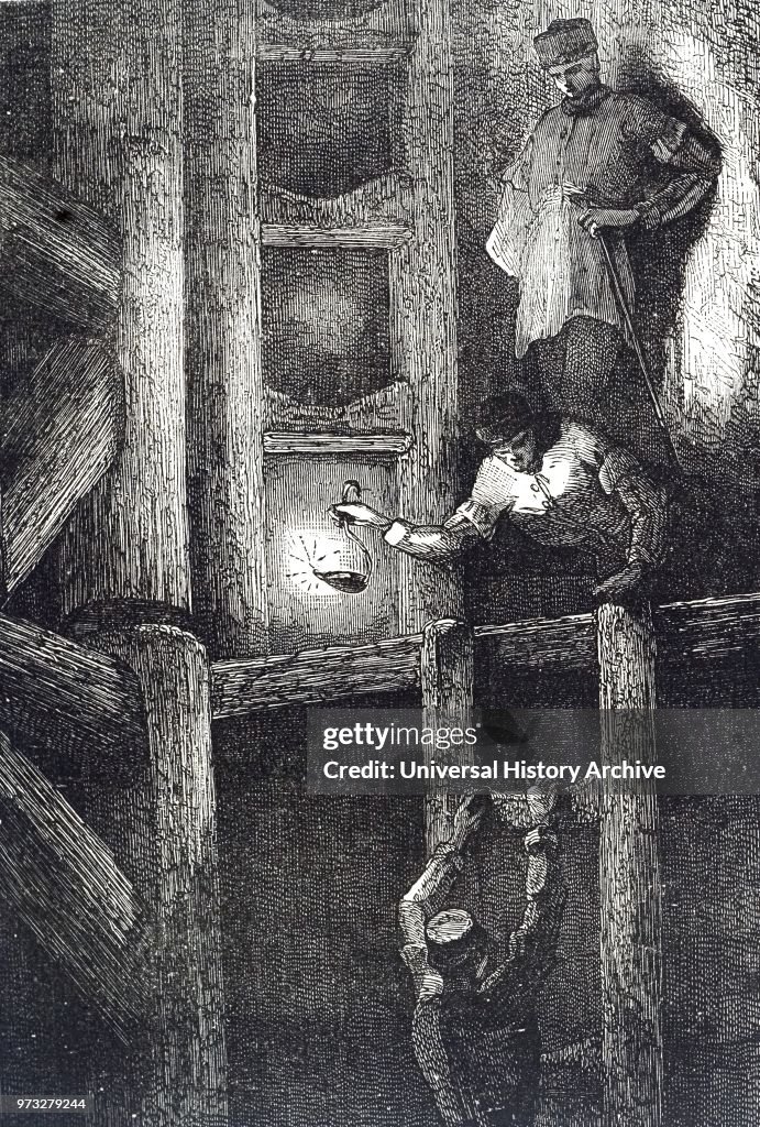 Engraving depicting miners descending to the working level in a lead mine in the Harz Mountains, Germany