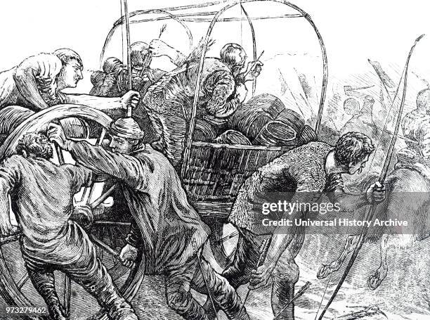 Engraving depicting a scene from the Battle of the Herrings , a military action near the town of Rouvray in France during the siege of Orl_ans ....