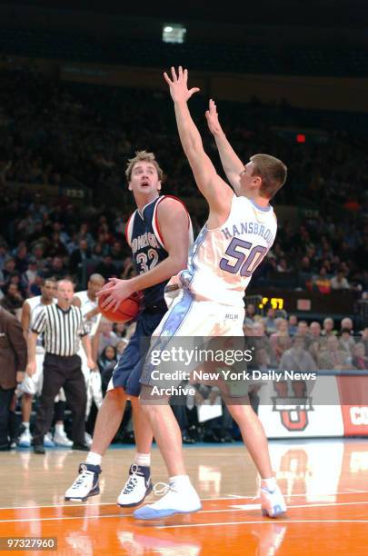 North Carolina Tarheels' Tyler Hansbrough defends against Gonzaga Bulldogs' Sean Mallon during the National Invitation Tournament Season Tip-Off...