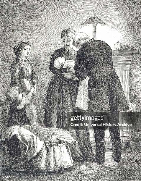 Engraving depicting a doctor examining a baby with measles. An attack by the measles virus makes a patient vulnerable to secondary infections, and...