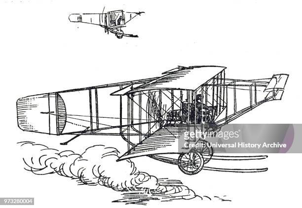 Illustration of a Wright biplane of the pusher type with elevators at the front. The Wright brothers, Orville and Wilbur, were two American aviators,...