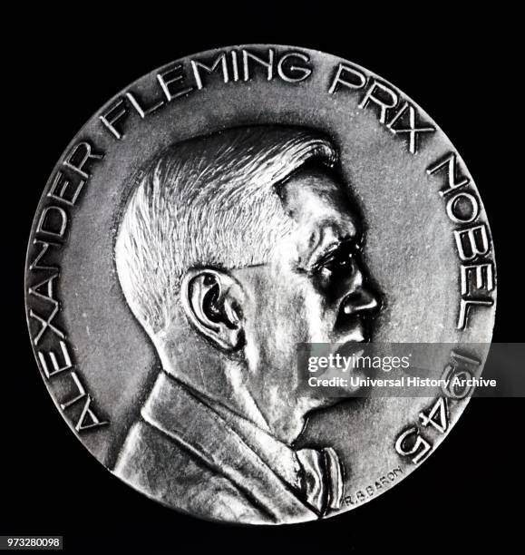 Medal commemorating Alexander Fleming's Nobel Prize win in 1945. Alexander Fleming a Scottish physician, microbiologist, and pharmacologist. Dated...