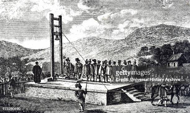Engraving depicting a Halifax Gibbet, an early guillotine, or decapitating machine, used in the town of Halifax, West Yorkshire, England. Dated 17th...