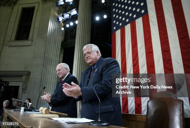 Vice President Dick Cheney and House Speaker Dennis Hastert applaud during a historic joint session of Congress in Federal Hall.