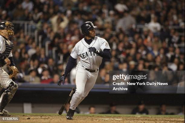 Ken Griffey Jr. Of the Seattle Mariners heads for first in game against the New York Yankees.,