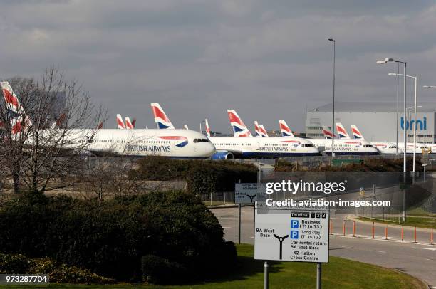 British Airways Boeing 767-300ER and Airbus A320s parked during the strike by British Airways cabin-attendants of the Unite trade-union and it's...